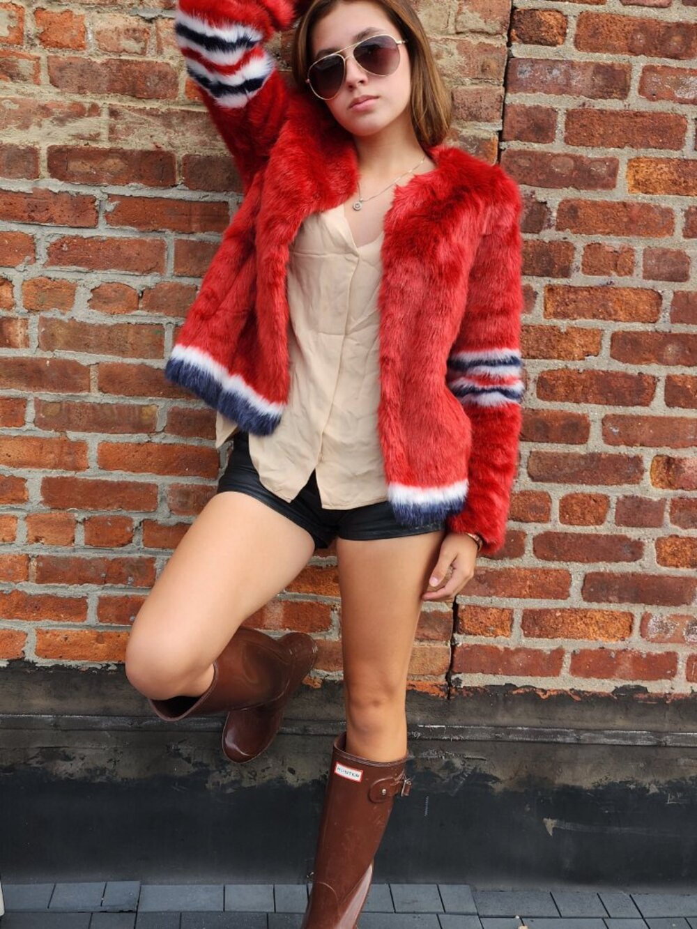 MOTHER Denim Red Faux Fur Varsity 10 Jacket Star Print Lined Statement Coat
